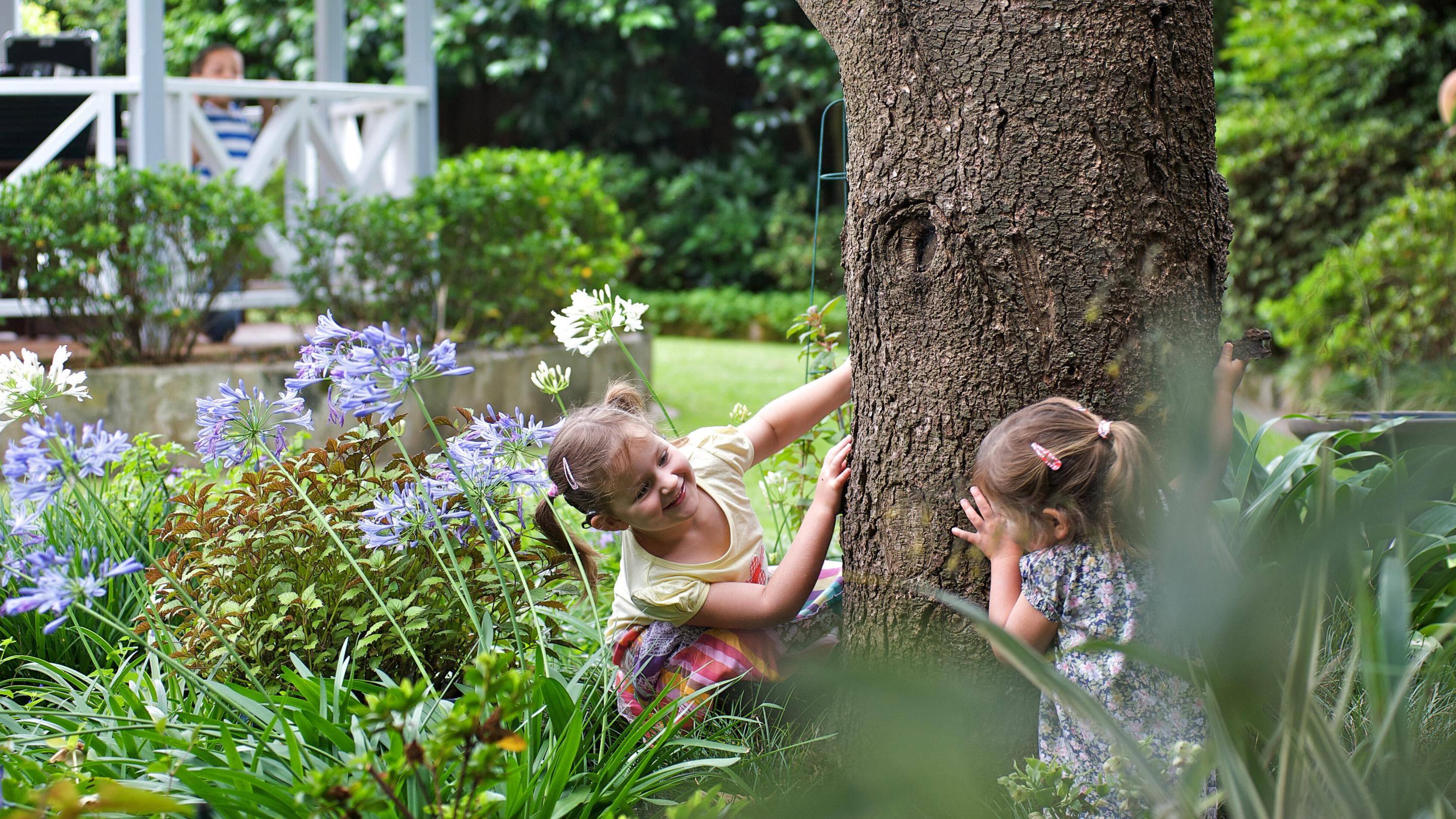 Bambine giocano a nascondino intorno a un tronco d’albero